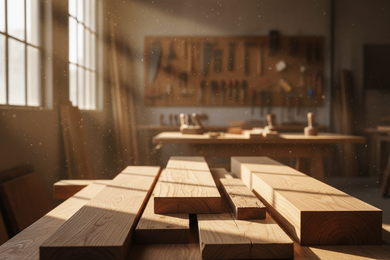 close-up of stacked wooden boards and lumber in a sawmill or carpentry warehouse, showing different wood grains and cuts, natural warm light entering from side windows, sawdust particles in the air, rustic industrial background, high-resolution photo, warm earthy color palette. But another one, not the same as before.